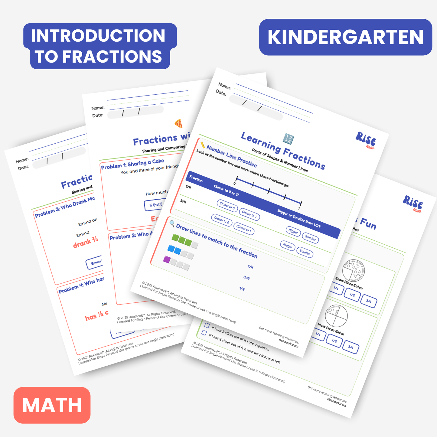 Introduction to Fractions • Visual Learning with Pizza and Word Problems • Kindergarten Math Worksheet
