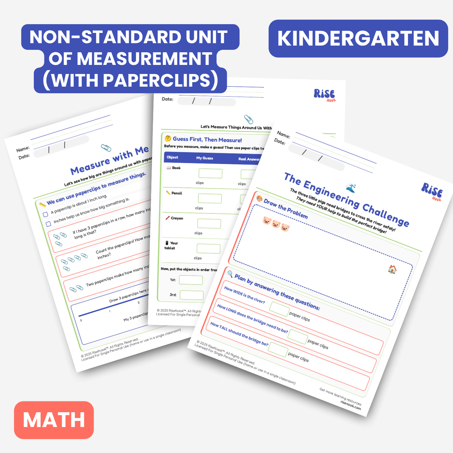 Measurement 📏With Paper Clips 📎 Kindergarten Math Worksheet • Build a Bridge STEM Activity